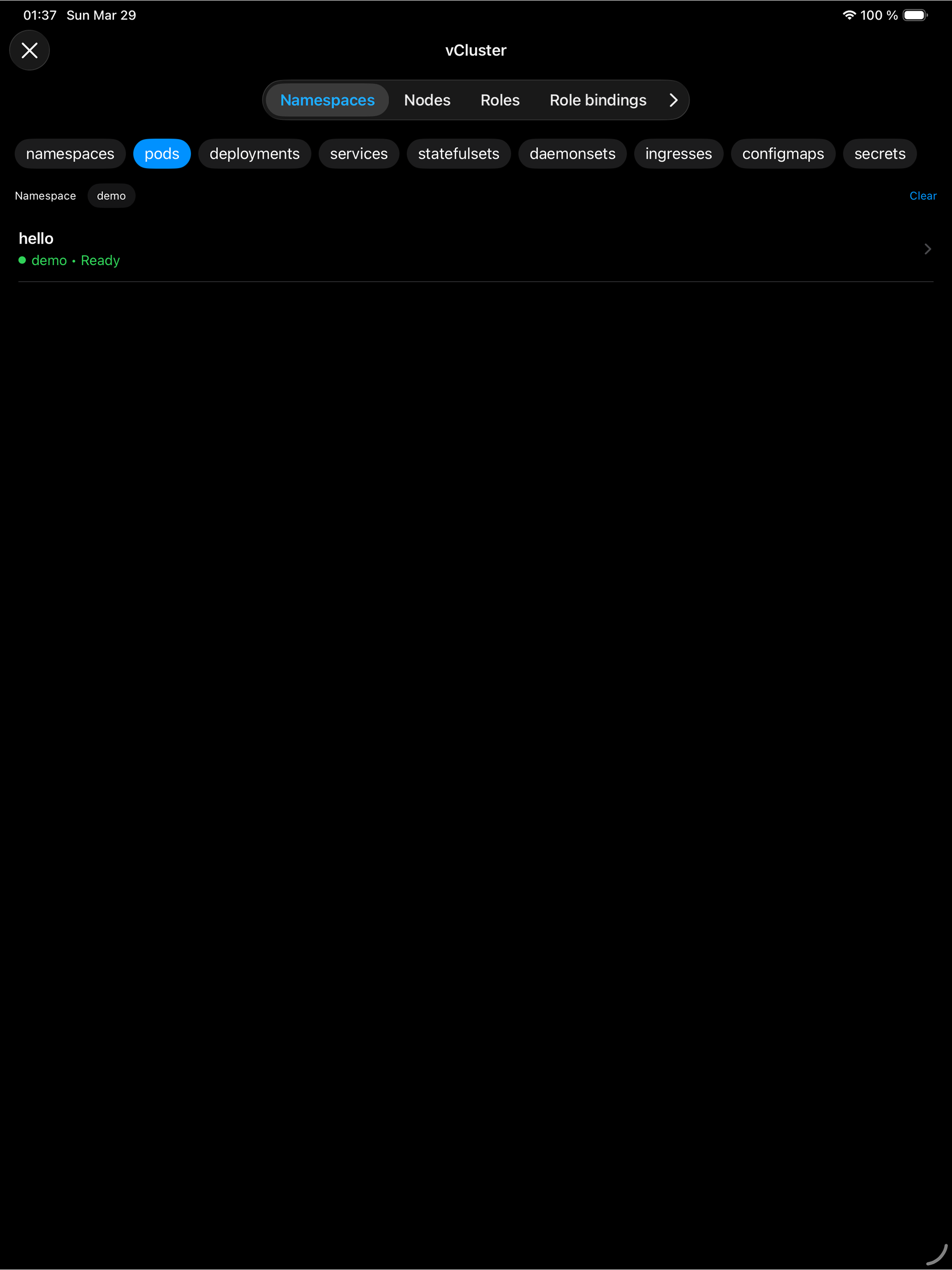Ploigos detailed cluster view on iPad